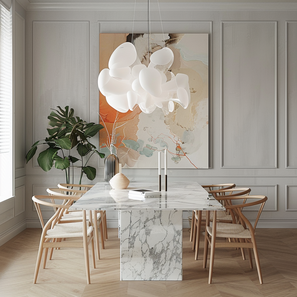 Eetkamer met marmeren tafelblad — eclectisch interieur gezinswoning HAMI Studio